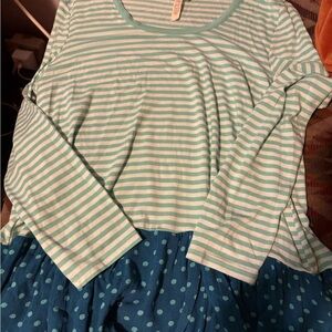 Matilda Jane Aqua Striped and Navy Polka Dot Long Sleeve size small